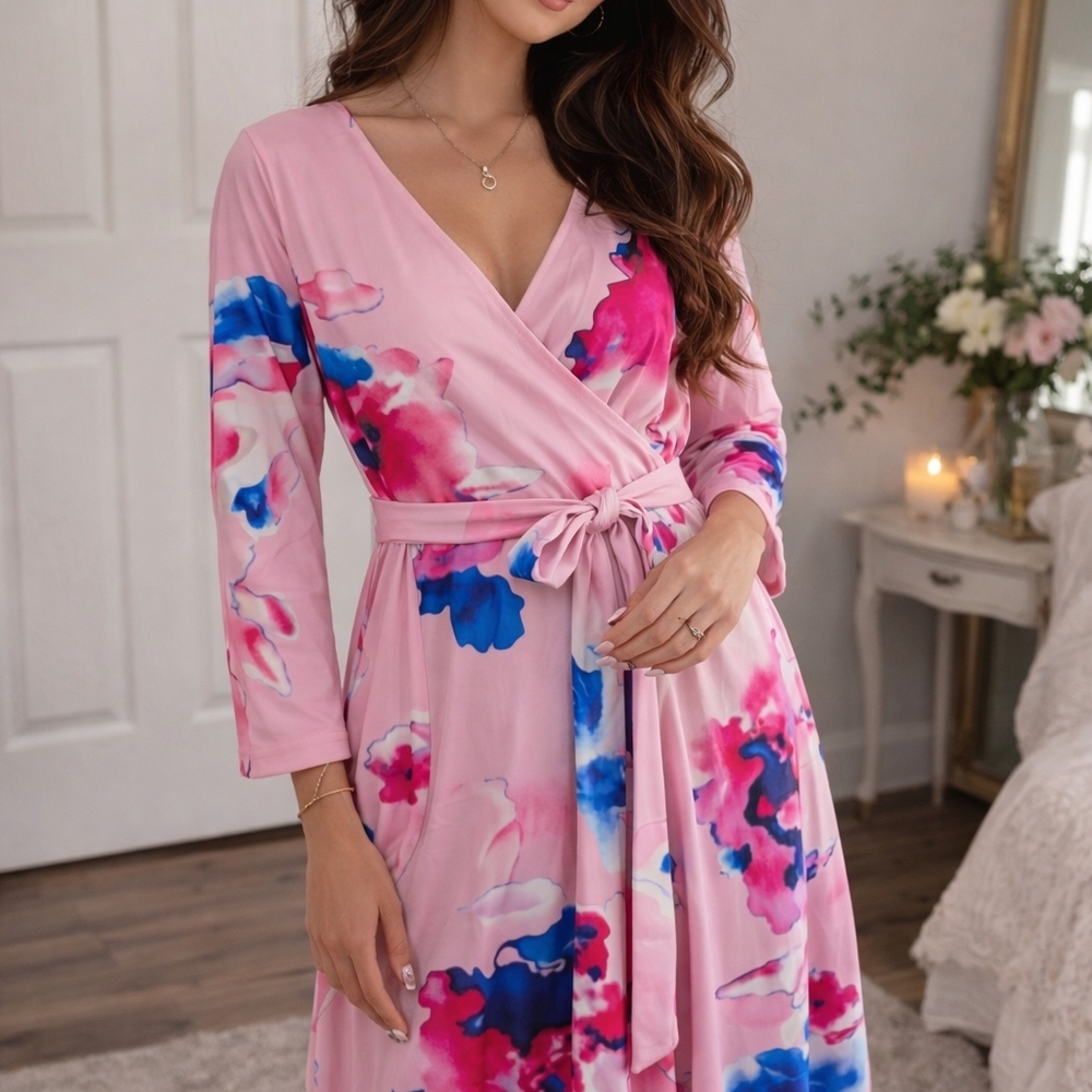 SHEIN Pink Floral Wrap Maxi Dress with Blue & Fuchsia Accents